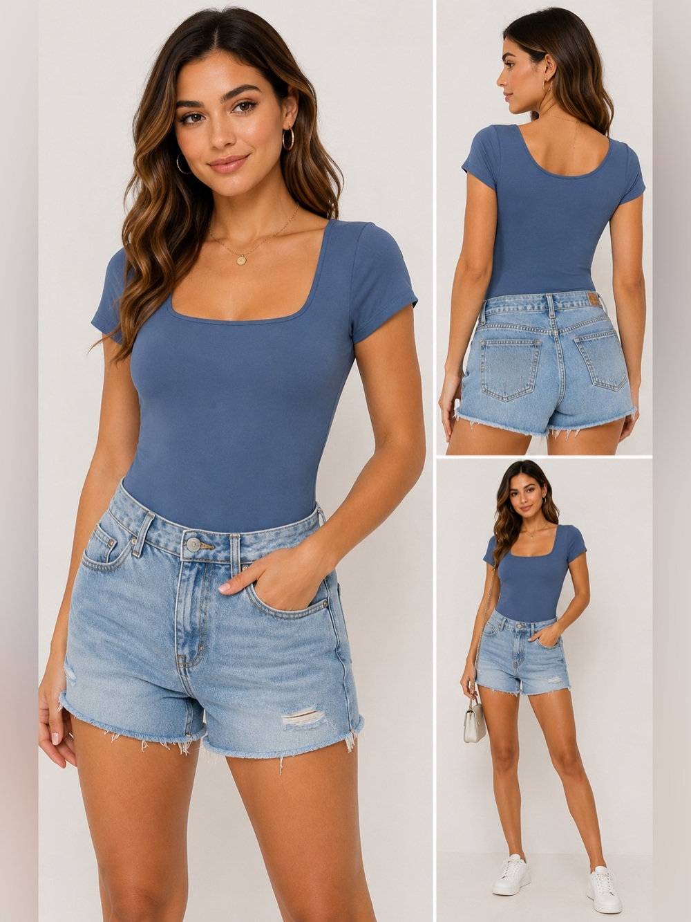 Dynamic Los Angeles Blue Square Neck Bodysuit Short Sleeve One Size NWT